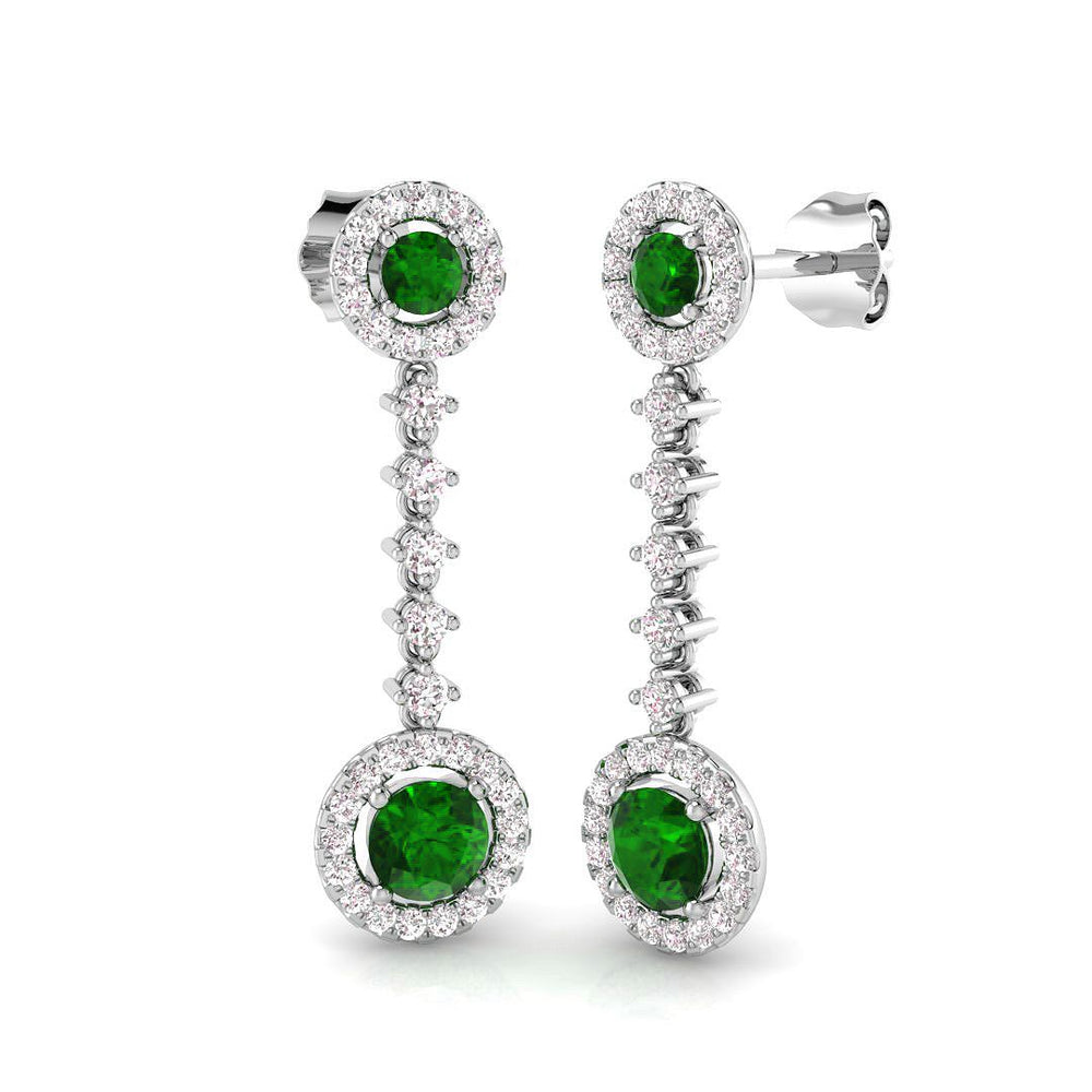 Round Cut Emerald Halo Drop Earrings with Prong Set Emerald and Diamond Halo White Gold
