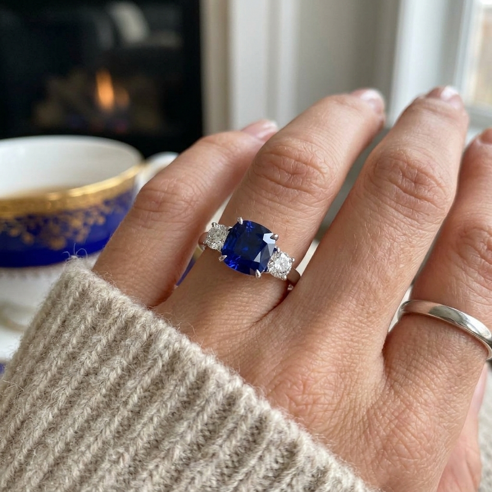 Blue Sapphire Diamond Side Stone Ring