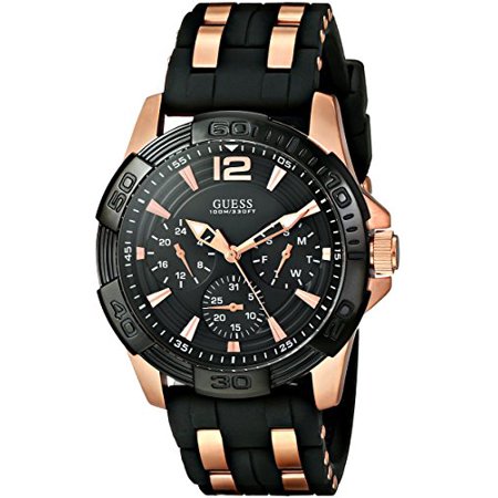 GUESS Men's Sporty Multi-Function Watch on a Comfortable Black Silicone Strap with Rose Gold-Tone Interlinks, Day, Date & 24 Hour International Time Functions