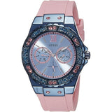 GUESS Women's Watch – Metallic Blue-Tone Case, Pink Silicone Strap