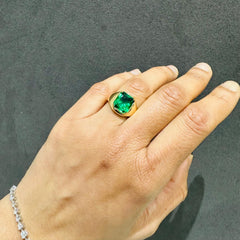 3 Carat Lab Created Solitaire Cushion Cut Emerald Gemstone Ring in 18K Yellow Gold