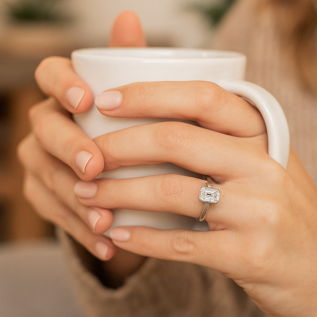 IGI Certified Emerald Cut Lab-Grown Diamond Bezel Set Solitaire Engagement Ring 9k,18k,Gold