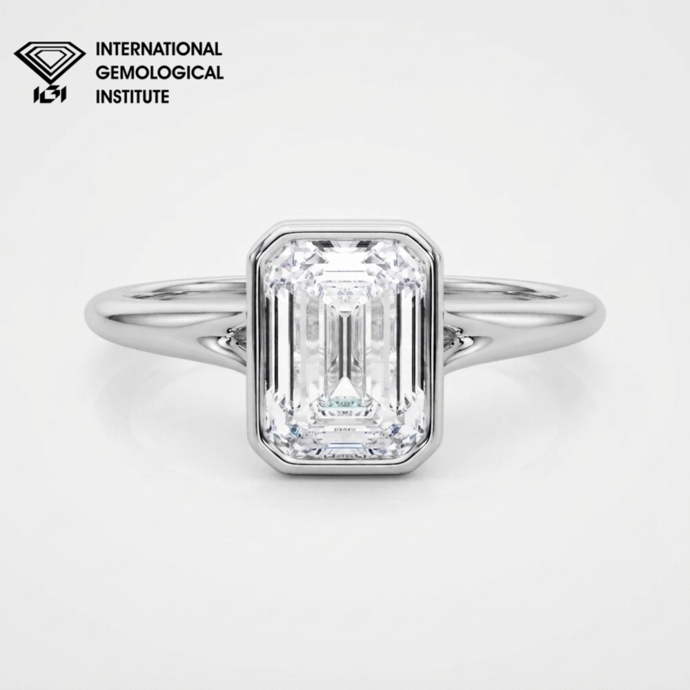 IGI Certified Emerald Cut Lab Grown Diamond Bezel Engagement Ring Anniversary Gift