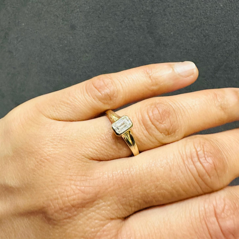 IGI Certified Emerald Cut Lab Grown Diamond Bezel Set Solitaire Ring 9K Yellow Gold Promise Ring
