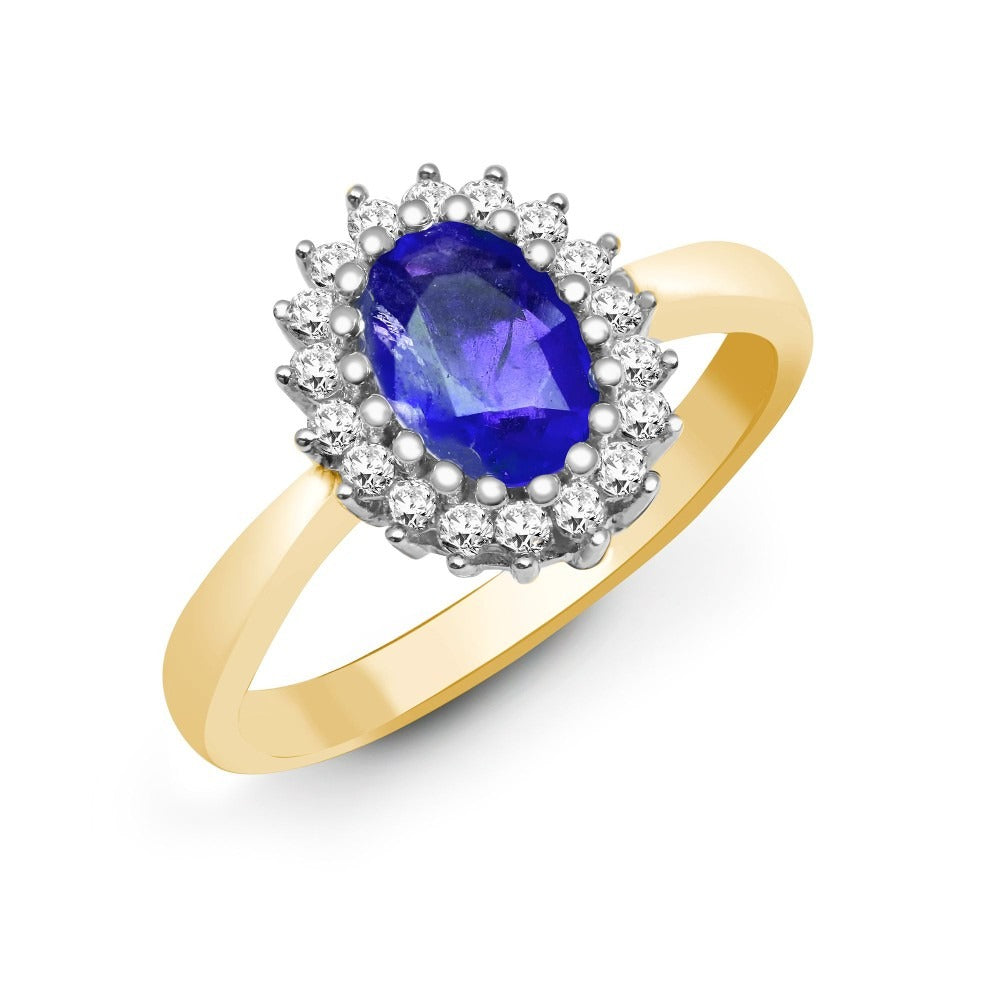 9K Solid Gold Halo Ring with Natural Diamond and Gemstone Cluster Solitaire