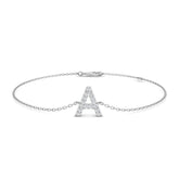 18K White Gold Natural Round Cut Diamond Initial A Letter Chain Bracelet with Lobster Claw Clasp
