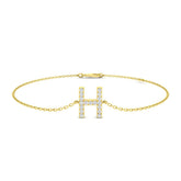 Lab Diamond Initial H Bracelet, 9K White Gold Letter Bracelet, Round Cut Diamond Initial