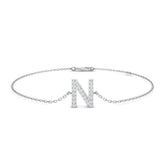 Natural Round Cut Initial N Letter Pave Set Diamond Chain Bracelet in 9K Yellow Gold