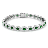 18K White Gold Pear Cut Emerald Gemstone and Round Diamond Tennis Bracelet