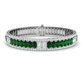 18K White Gold Oval Cut Emerald Birthstone & Natural Diamond Prong Set Tennis Bracelet