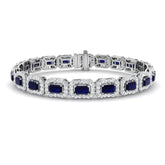 Emerald Cut Blue Sapphire Gemstone with Natural Diamond Tennis Bracelet in 9K & 18K Solid Gold