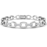 18K White Gold Round Cut Lab Grown Diamond Oval Link Bracelet with Pave Bar Accents