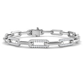 9K White Gold Lab Grown Diamond Oval Link Bracelet, Pavé Accent Oval Link Lab Diamond Bracelet