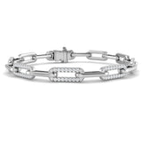 9K White Gold Lab Grown Diamond Oval Link Bracelet, Pavé Accent Oval Link Lab Diamond Bracelet