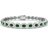 Oval Cut Emerald Gemstone Halo Set Diamond Tennis Bracelet in 18K White Gold