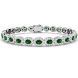 Oval Cut Emerald Gemstone Halo Set Diamond Tennis Bracelet in 18K White Gold