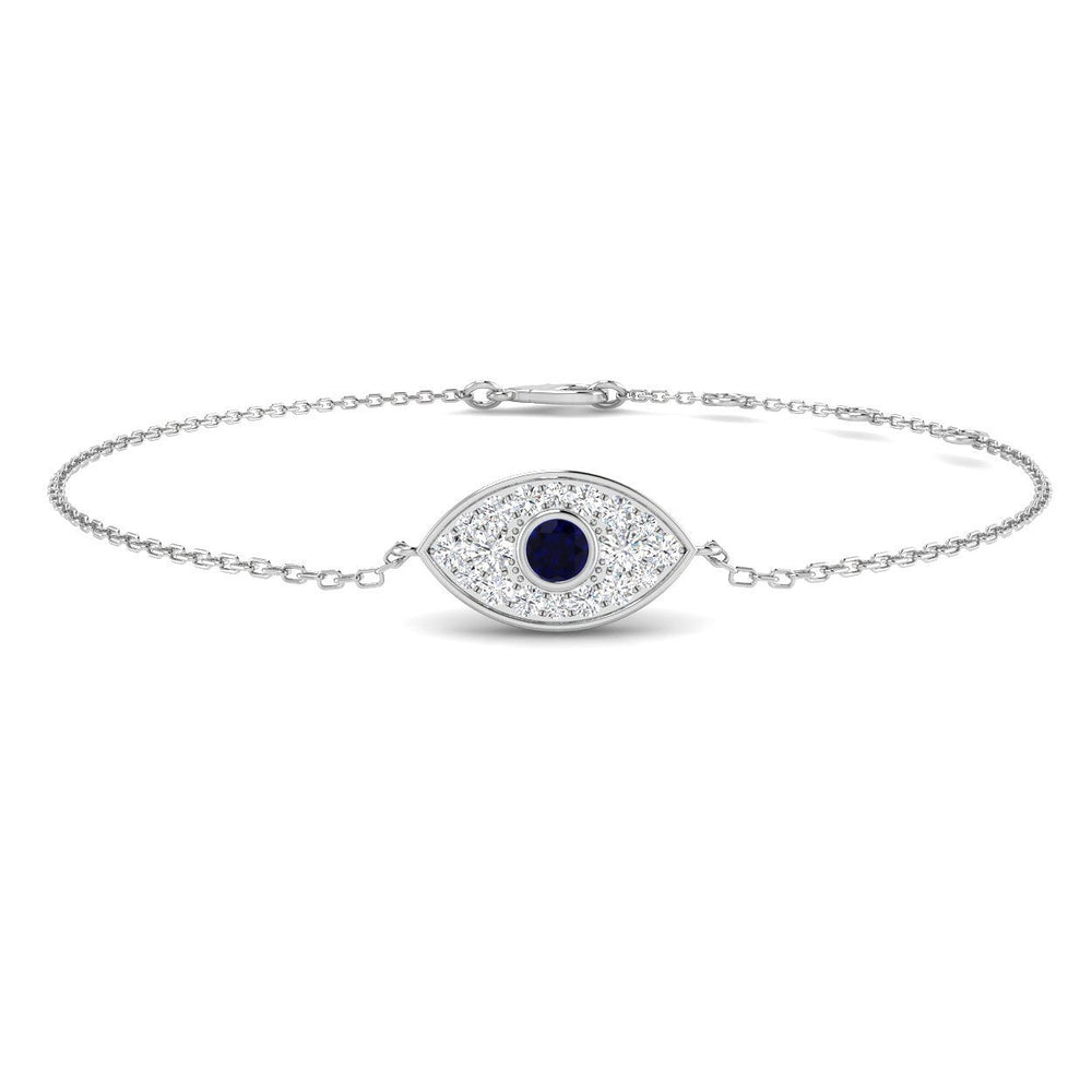 18K White Gold Diamond and Blue Sapphire Evil Eye Bracelet, Luxury White Gold Sapphire and Diamond Bracelet