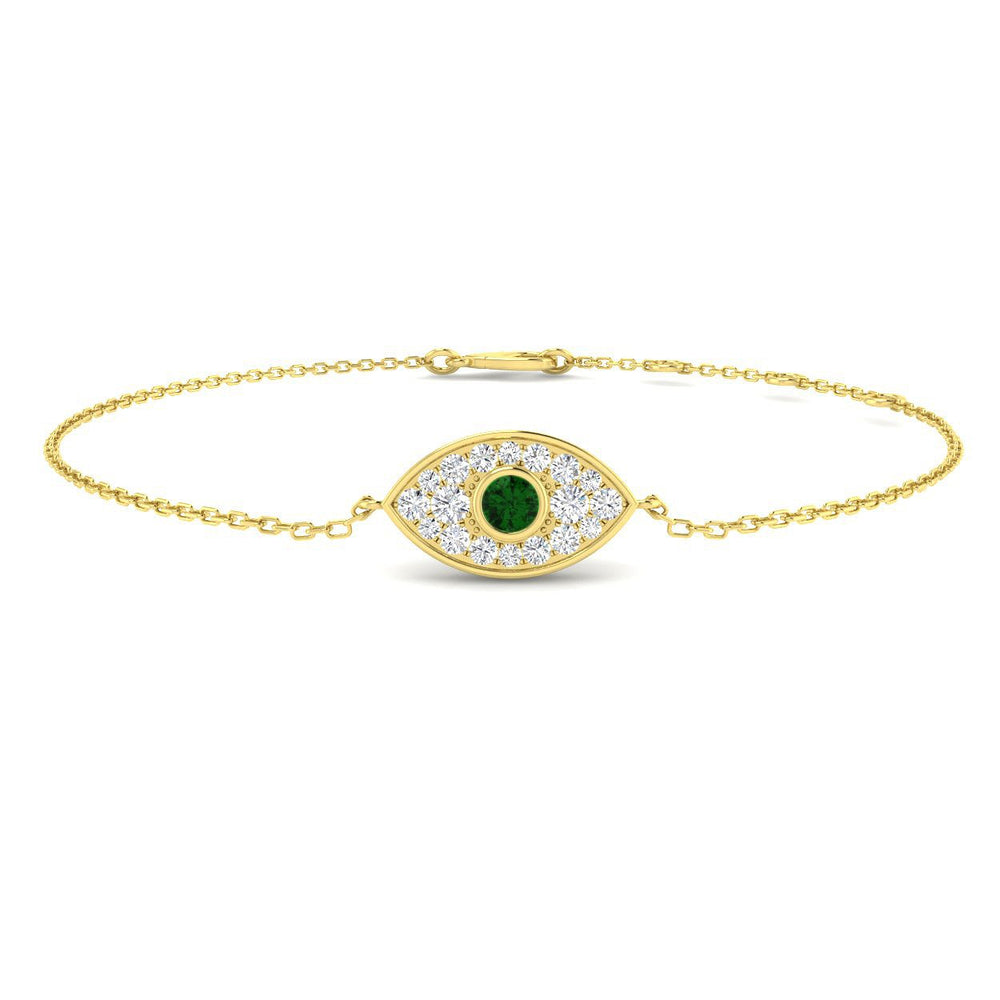 0.35Ct Natural Diamond and Emerald Evil Eye Bracelet in 9K Gold, Fine 9K Gold Diamond Evil Eye Chain Bracelet