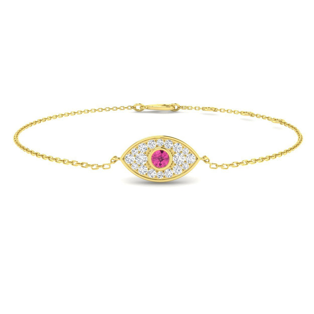 18K White Gold Diamond Pink Sapphire Evil Eye Bracelet, Close Up Pink Sapphire Evil Eye Diamond Setting