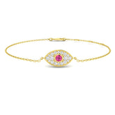 18K White Gold Diamond Pink Sapphire Evil Eye Bracelet, Close Up Pink Sapphire Evil Eye Diamond Setting