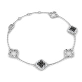 Elegant Natural Round Black Diamond Clover Chain Bracelet in Gold or Platinum