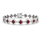 18K White Gold Clover Set Ruby Gemstone and Round Diamond Tennis Bracelet in Pave Set