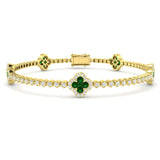 Clover Style Round Cut Emerald Gemstone with Natural Diamond Bracelet in 18K Solid Gold