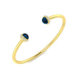 9K Yellow Gold Cabochon Blue Open Cuff Bangle with Natural Round Halo Diamonds