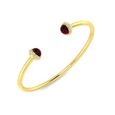 9K Yellow Gold Cabochon Red Open Cuff Bangle with Natural Round Halo Diamonds