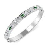 9K Yellow Gold Emerald Natural Round and Baguette Cut Diamond Pave Set Bangle - Hinged Box Clasp