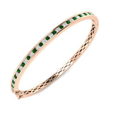 18K White Gold Natural Diamond and Emerald Channel Set Hinged Bangle with Box Clasp