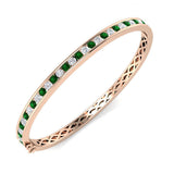 18K White Gold Natural Diamond and Emerald Channel Set Hinged Bangle with Box Clasp