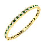 18K White Gold Natural Diamond and Emerald Channel Set Hinged Bangle with Box Clasp