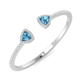 9K Yellow Gold Trillion Cut Blue Topaz Open Cuff Bangle with Natural Halo Diamond