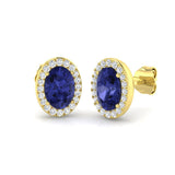 Oval Tanzanite Halo Stud Earrings with Natural Diamonds - Push Back in gold setting