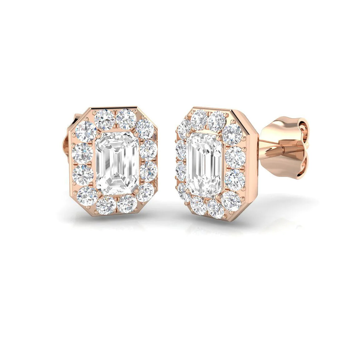 1.00 Ct DE/VVS Lab Grown Emerald Cut Diamond Halo Earring in 18K White Gold