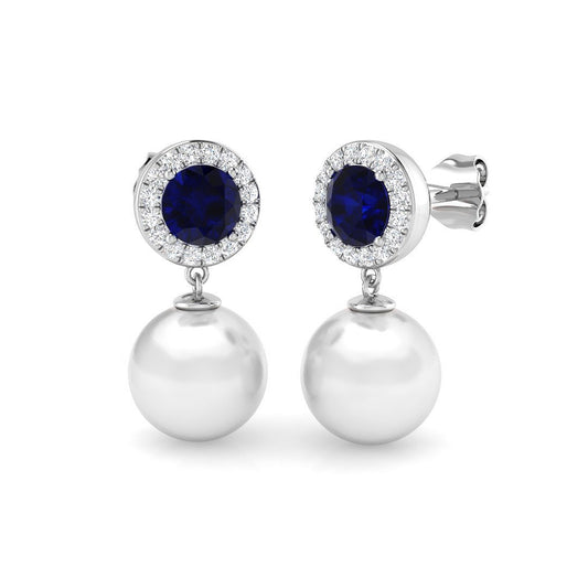 5.50ct Blue Sapphire Halo Pearl Diamond Earrings | Elegant Diamond Jewelry