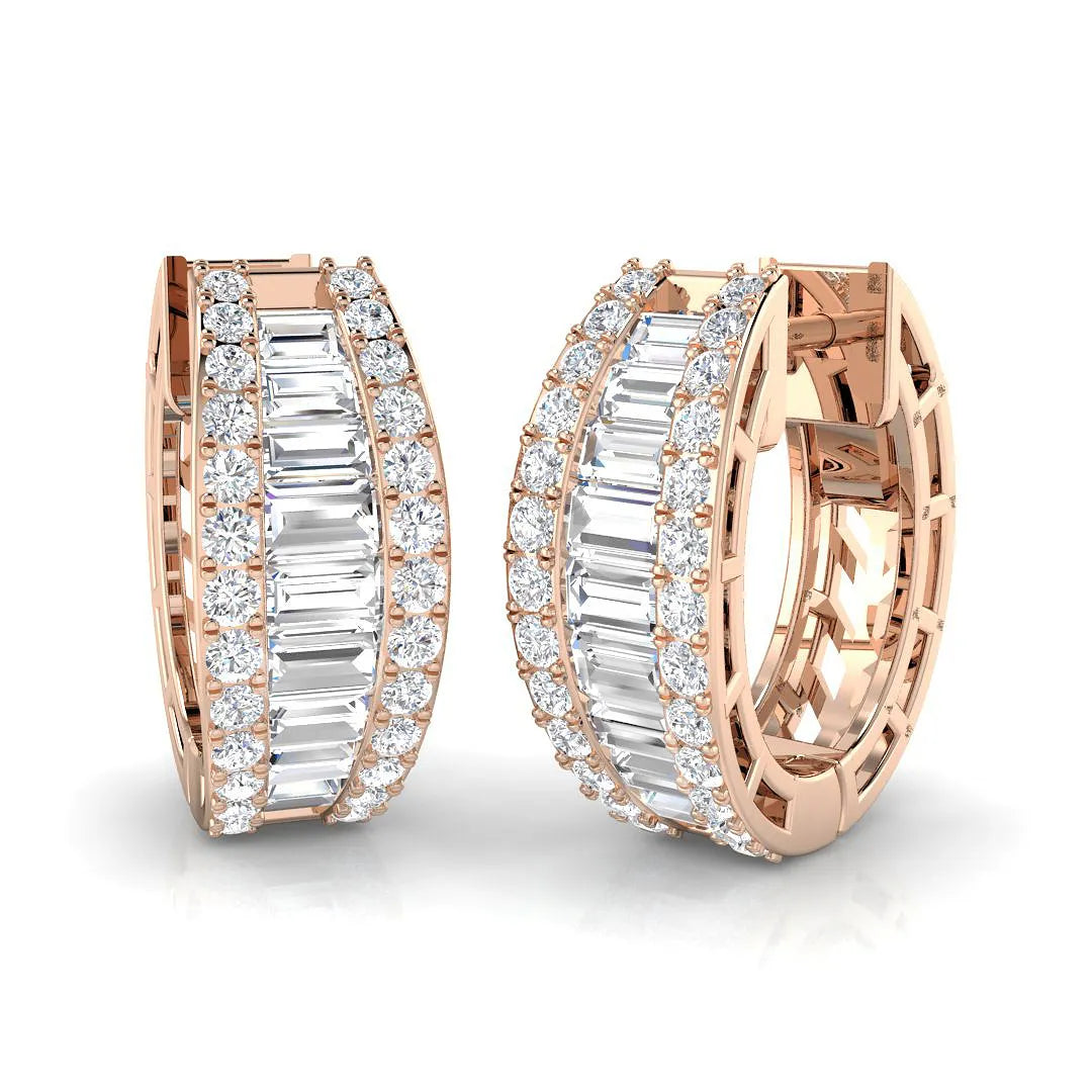1.40 Ct Natural & Lab-Grown Baguette & Round Cut Diamond Hoop Earrings | Bezel & Pavé Setting | 9K/18K Gold, Platinum