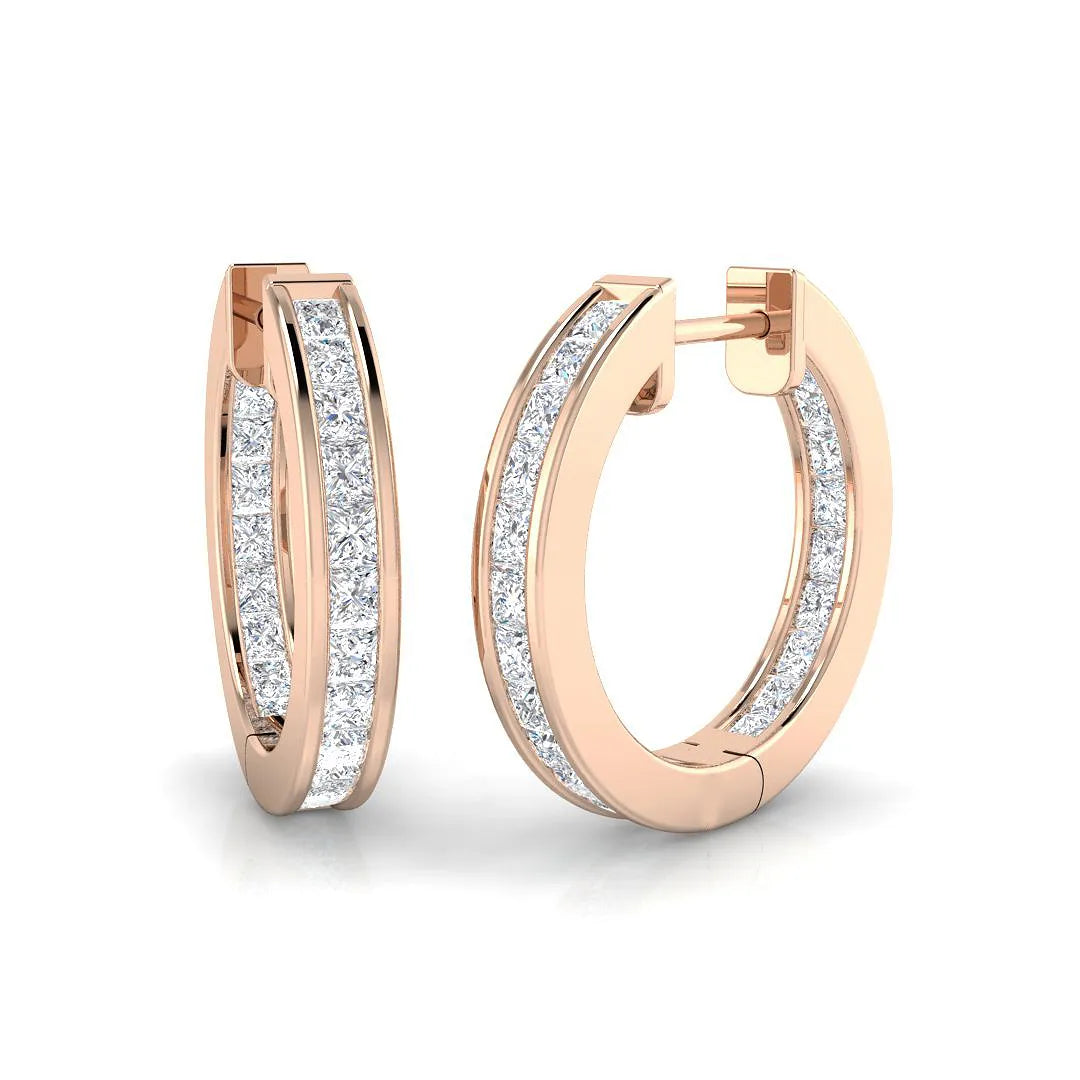 Natural F/VS Princess Cut Diamond Hoop Earring in Gold - UK Made