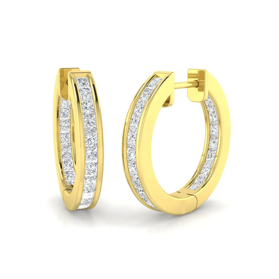 Natural F/VS Princess Cut Diamond Hoop Earring in Gold - UK Made