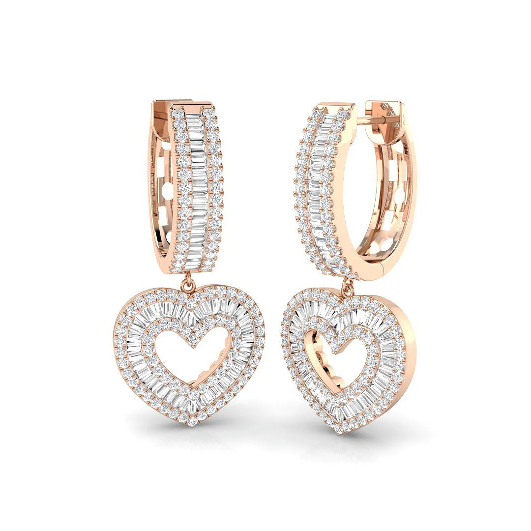 1.75 Carat Round & Baguette Cut Diamond Drop Earring In Hallmarked Gold
