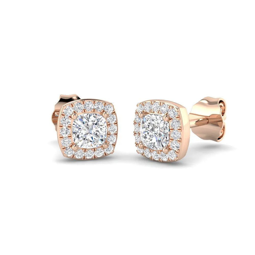 Stud Earrings with Cushion Cut Diamond and Halo