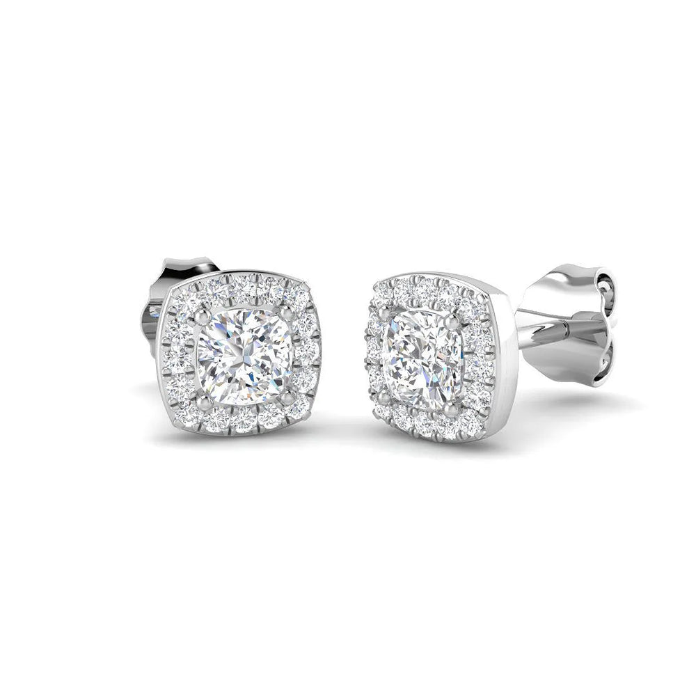 Stud Earrings with Cushion Cut Diamond and Halo