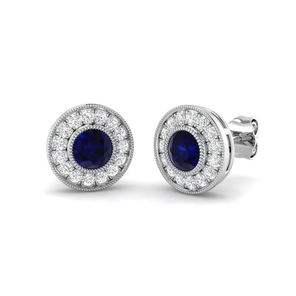 Round Blue Sapphire Halo Stud Earrings White Gold