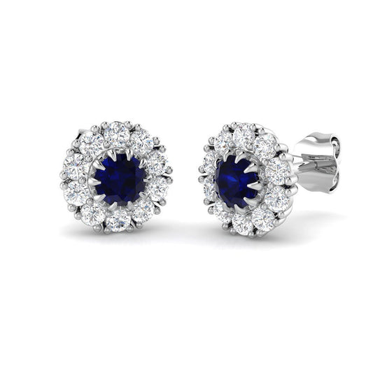 Blue Sapphire Halo Stud Earrings in White Gold