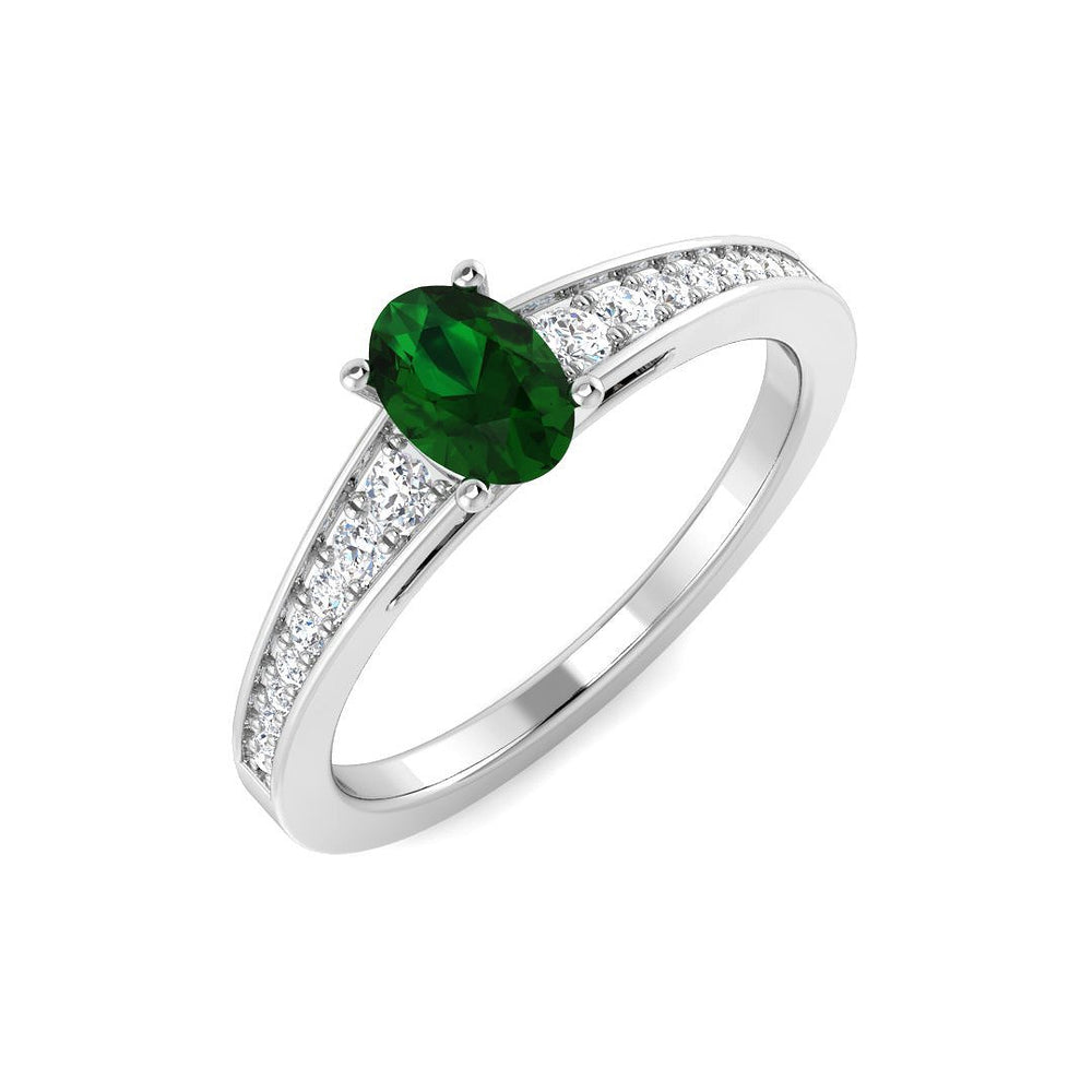 Oval Cut Emerald Solitaire Ring with Diamond Pave Band