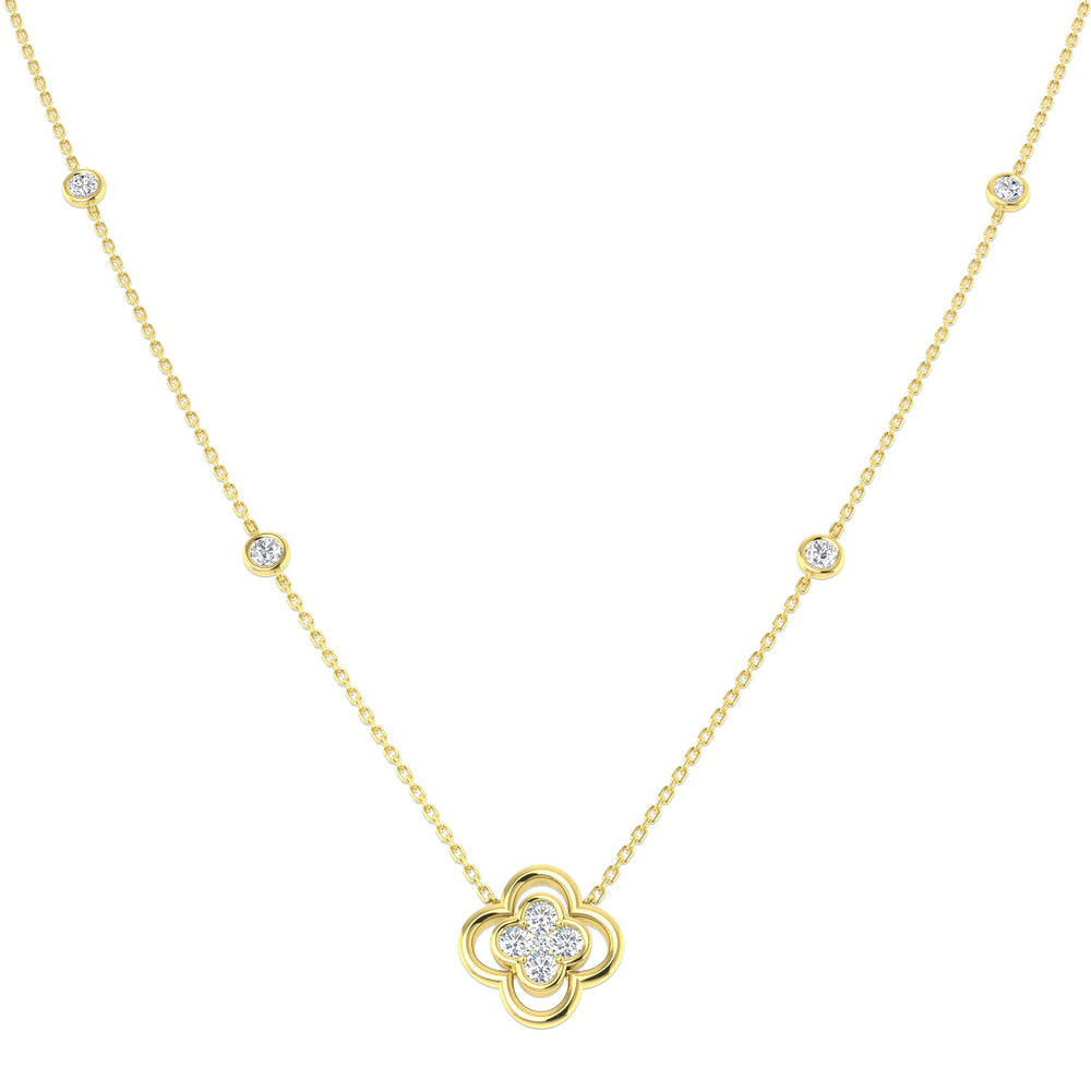 Gold necklace with a clover-shaped pendant on a white background