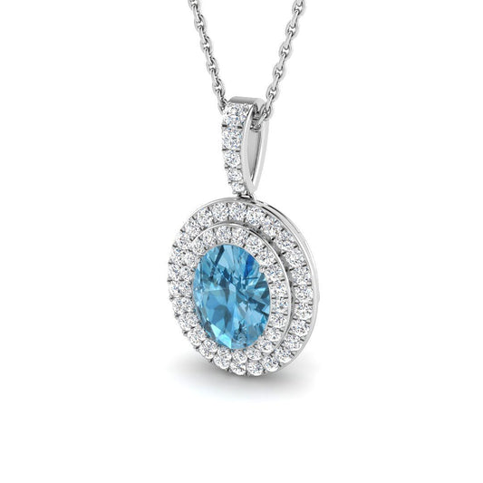 Oval Blue Topaz Double Halo Diamond Pendant Necklace | UK Marked