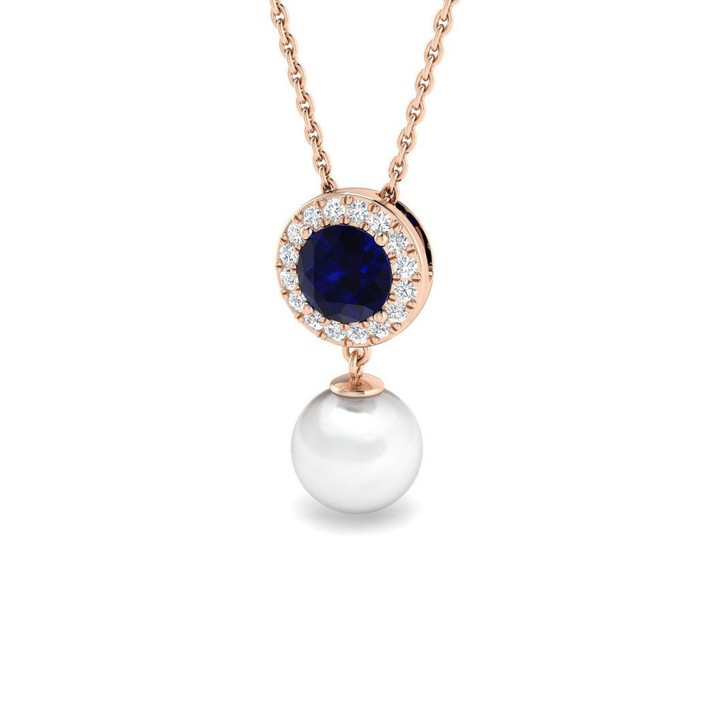 Necklace with a blue gemstone and pearl pendant on a white background