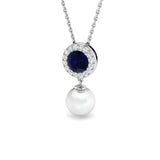 Blue Sapphire & Pearl Pendant 4ct Gold Necklace (Lab & Natural Diamonds)